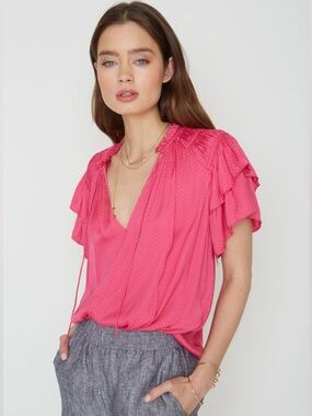 Caballero Kelsie Pink Swiss Dot Ruffle Sleeve Blouse Small